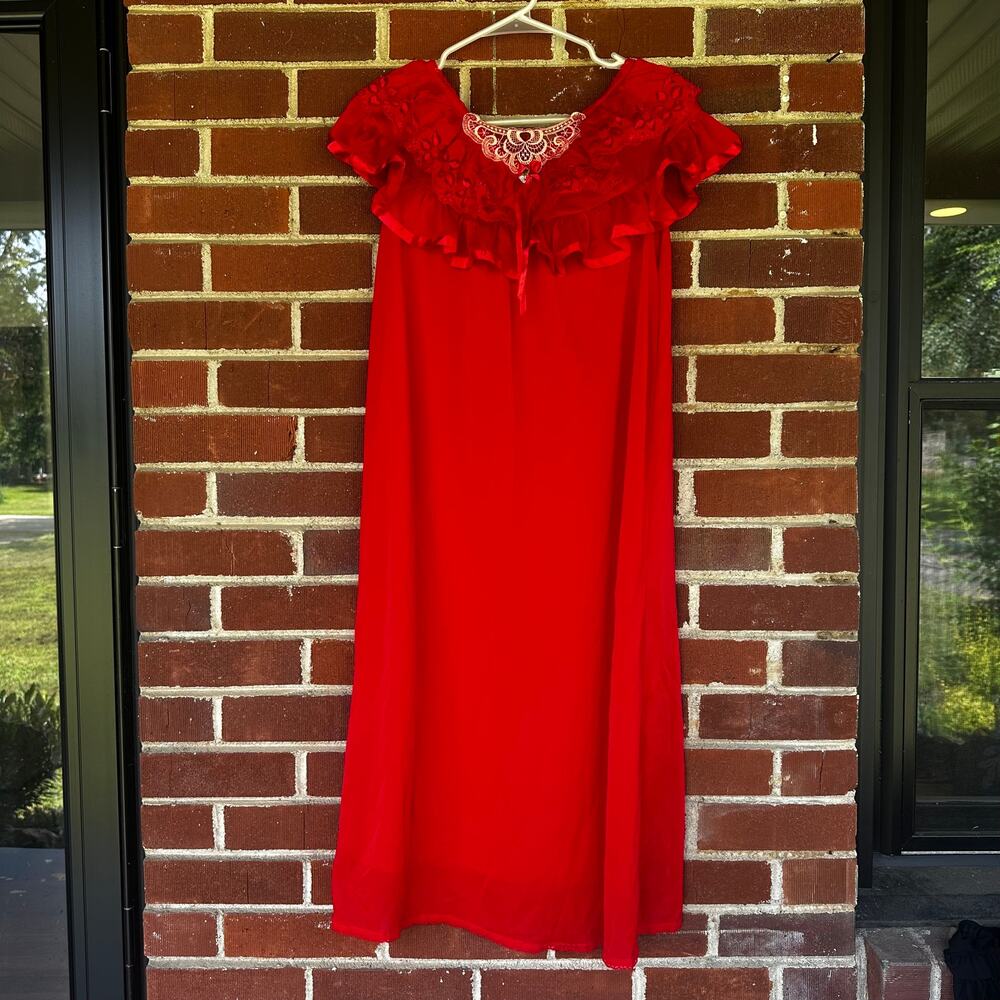Vintage Red Lace Ruffle Maxi Dress Romantic